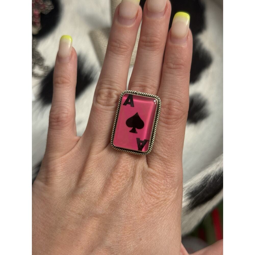 Native American SW Sterling Silver Pink Ace Spades Card Ring Gamble Blackjack 21
